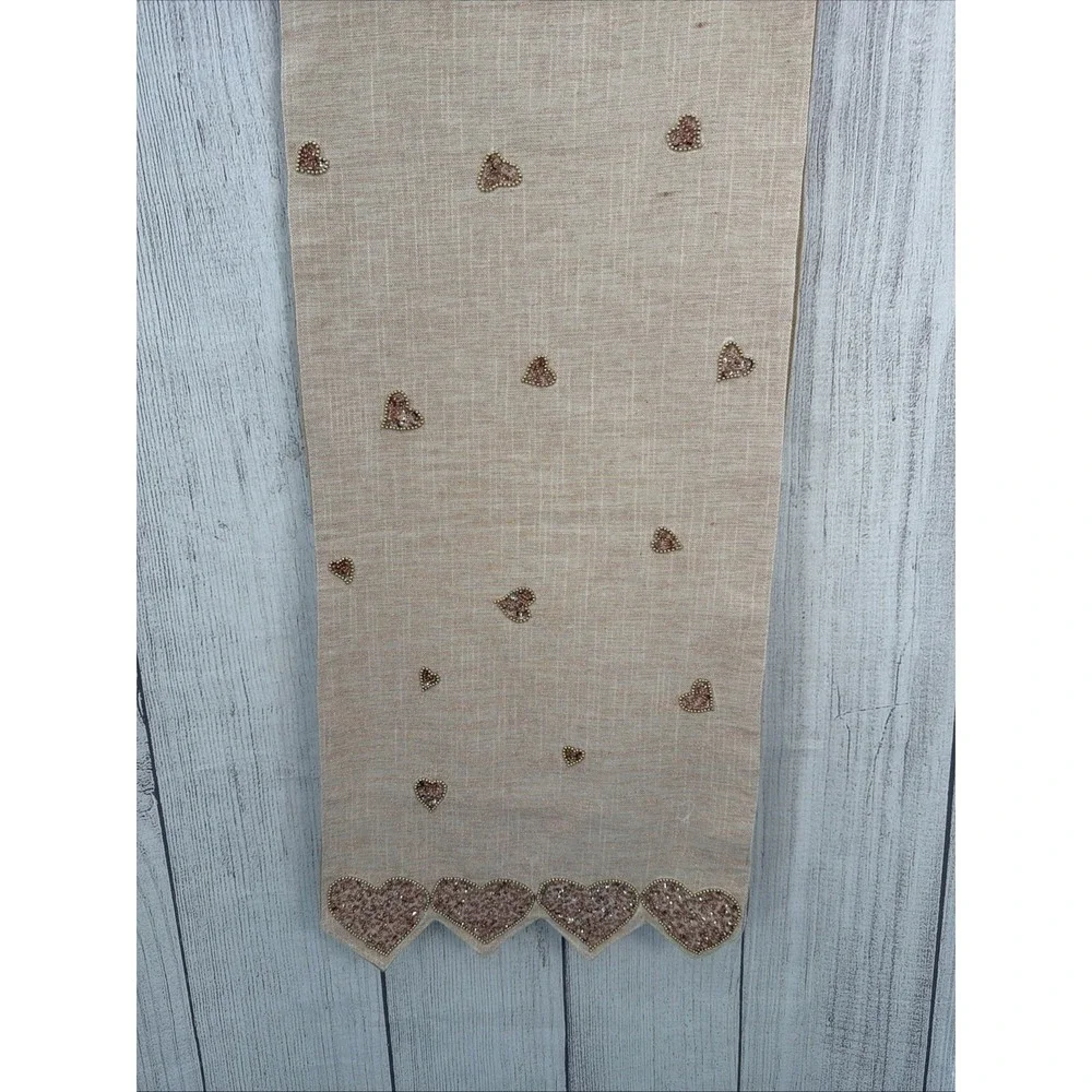 Cupcakes and Cashmere Table Runner Valentine's Pink Gold Metallic Beaded Hearts